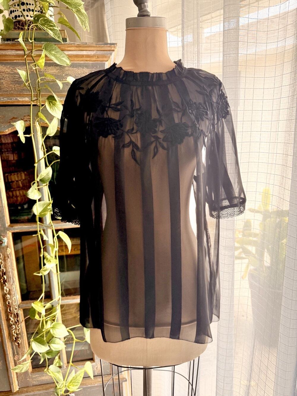 Y2K Chicos 2 Black Sheer Floral Lace Blouse Romantic Goth Whimsigoth Large